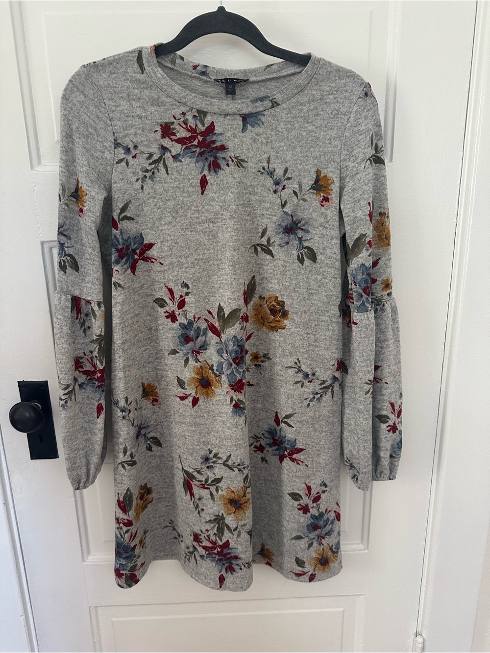 As U Wish Gray Floral Long Sleeve Swing Dress